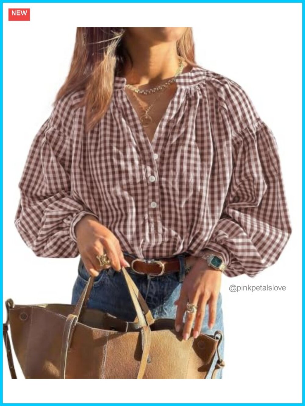 Women Plaid Puff Sleeve V Neck Button Down Blouse
